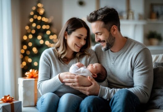 Professionelt billede af gaver til nybagte forældre uden tekst, til brug på hjemmeside.